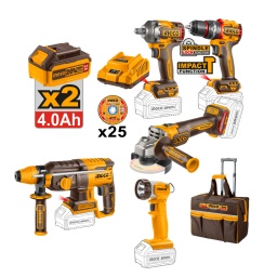Kit Ingco 20V Brush Taladro+Llave imp+Amoladora+Martillo+lam