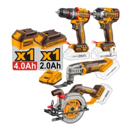 Kit Ingco 20V Brushless 4 Pzas C/2 bat y Accesorios