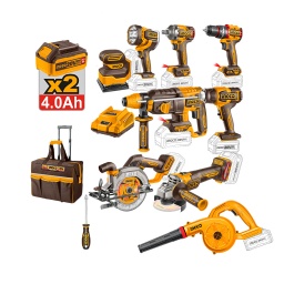 Combo Ingco 20V Brushless 9 Herramientas+2x4.0Ah+valija