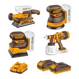 Combo Ingco Brushless 3 Lijadoras+Pistola Pintar+2x4.0Ah