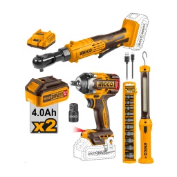 Combo 20V Ingco COSLI240461 Llave imp. 500nm+ llave crique + linterna + set dado